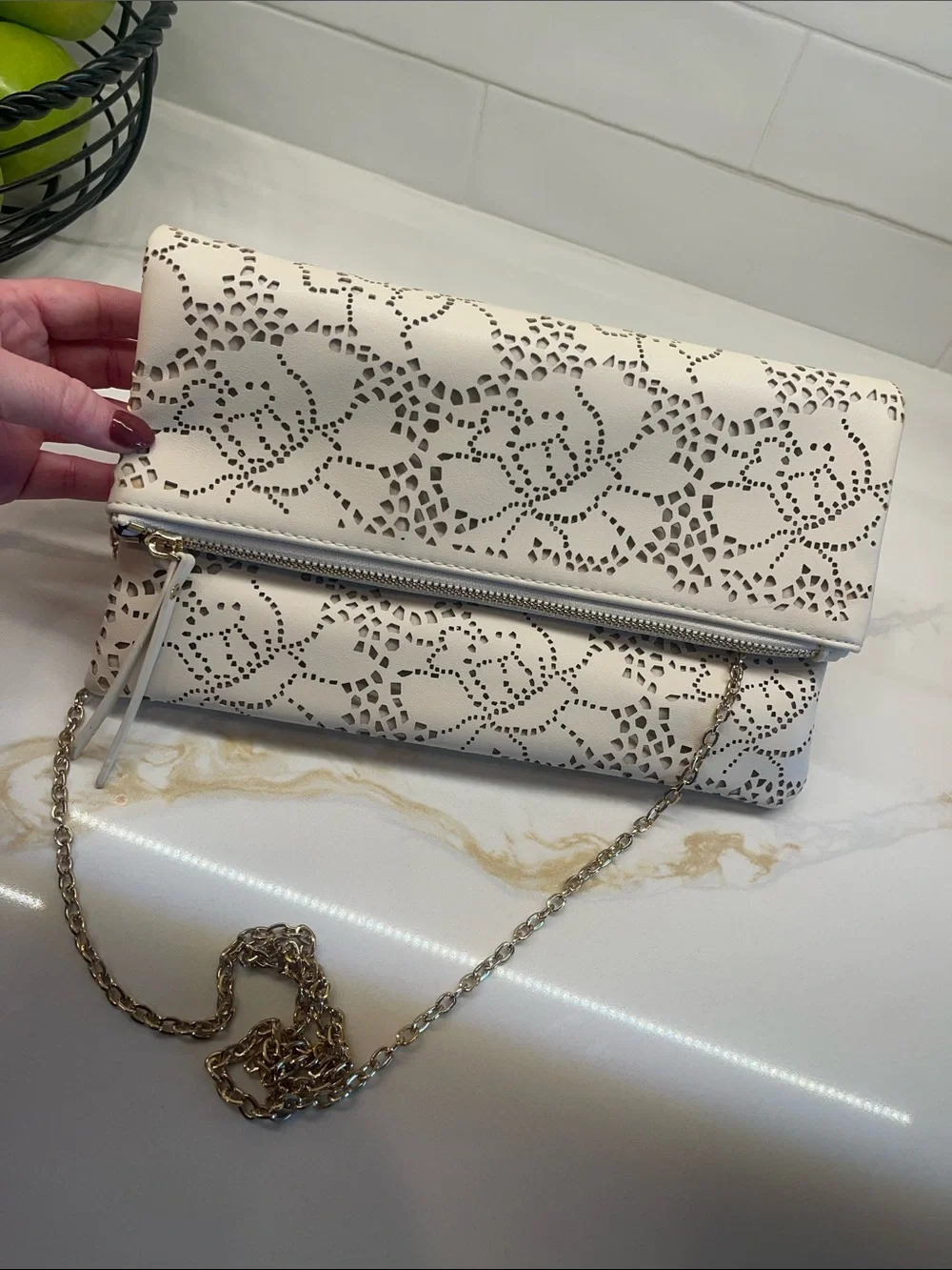 Urban Expressions Cream Laser-Cut Floral Chain Clutch